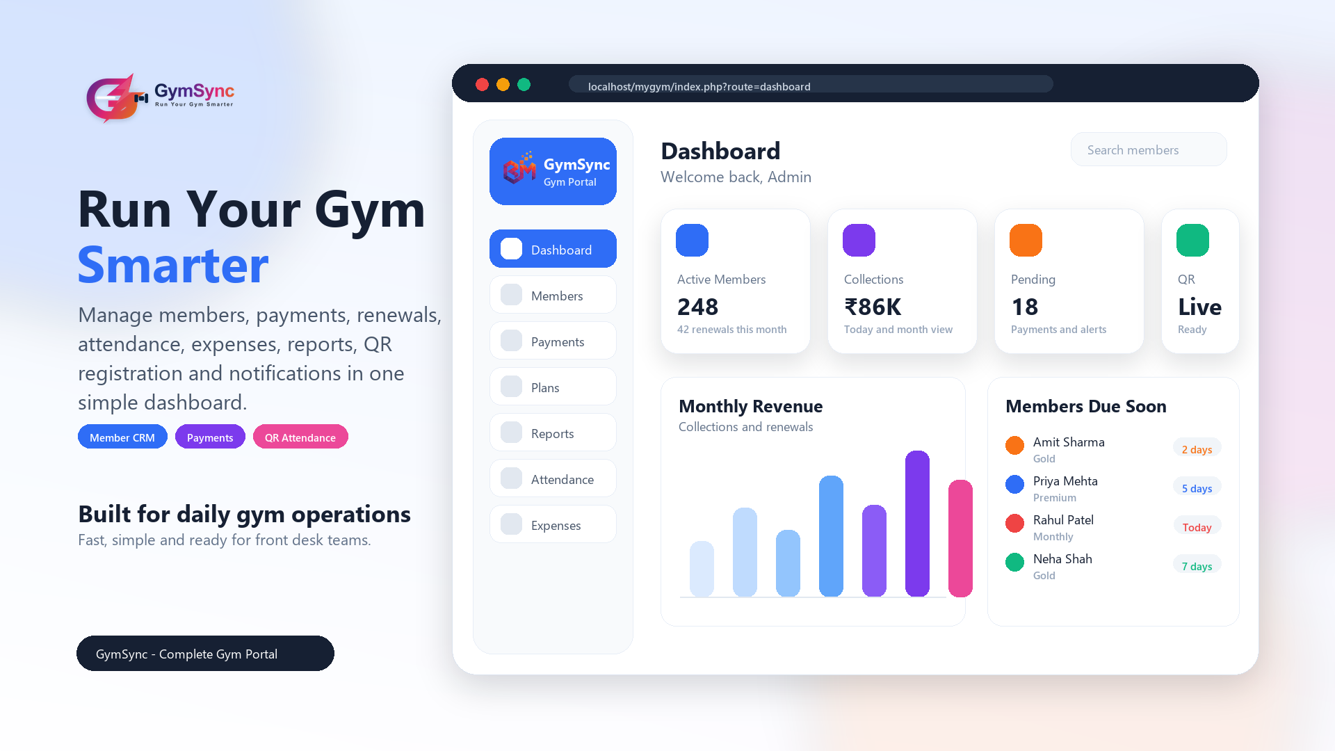 GymSync complete gym portal dashboard preview